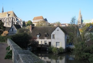 Chartres - view from watermill of 3 spires